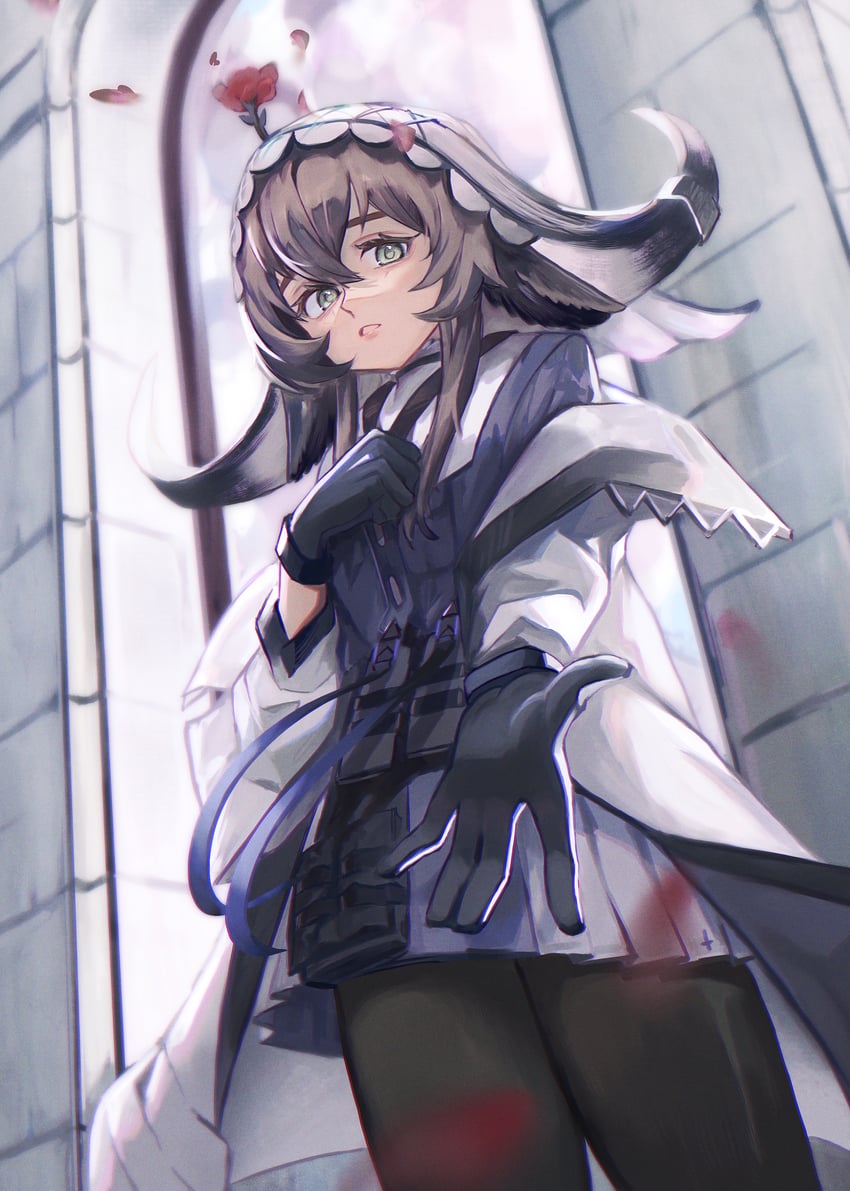 明日方舟、帕拉斯 (明日方舟) 黑色手套 黑色连裤袜 蓝色连衣裙 棕发 牛娘