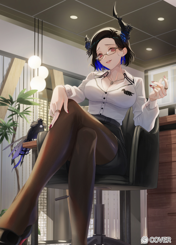 Hololive、Hololive英语、涅莉莎·雷文克劳夫特 1名女孩 不对称角 黑发 黑角 黑色连裤袜