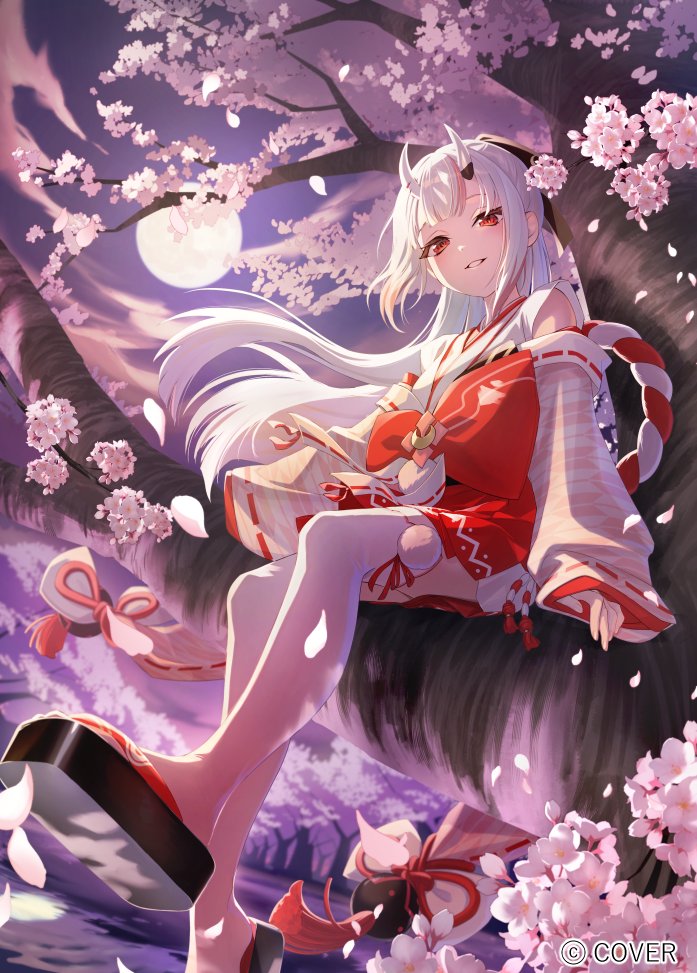 Hololive、百鬼绫目、百鬼绫目 (巫女服) 1名女孩 樱花 落花 虎牙 满月