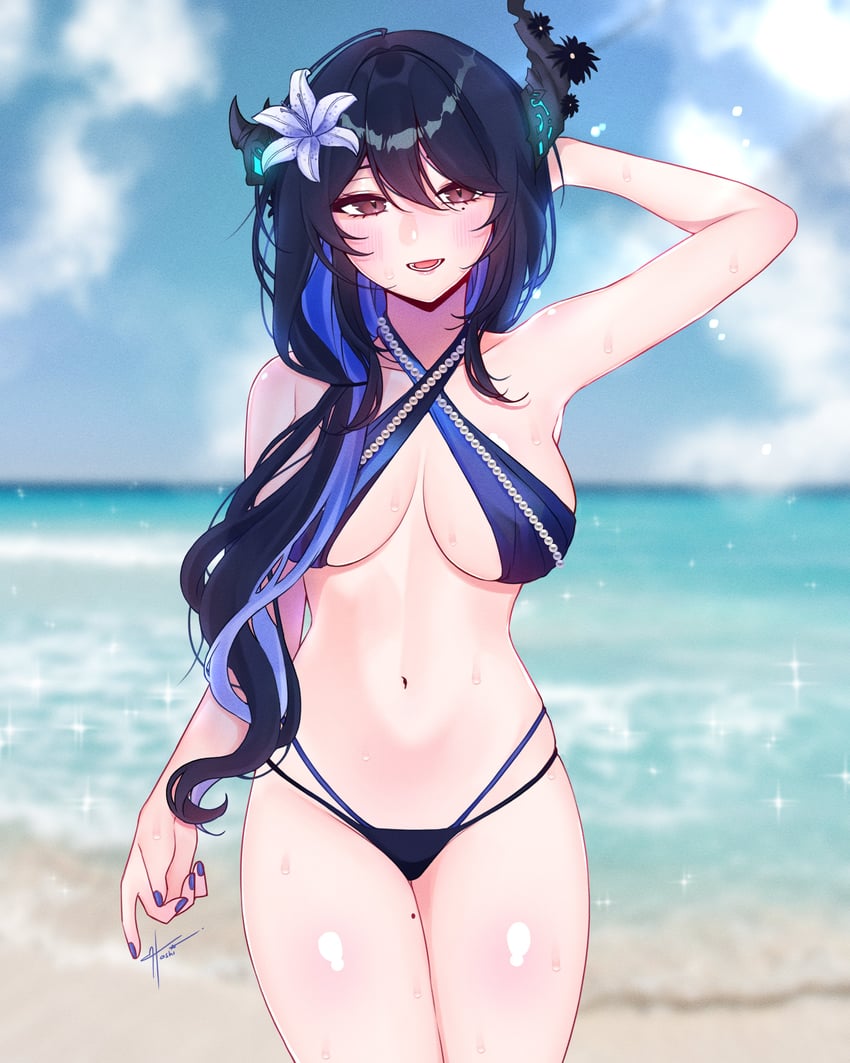 Hololive、Hololive英语、涅莉莎·雷文克劳夫特 1名女孩 替换服装 手放在头后 不对称角 海滩