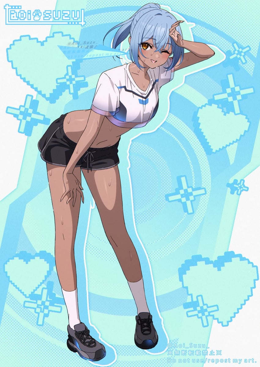 原创 1名女孩 作者名 黑鞋 黑色短裤 蓝发