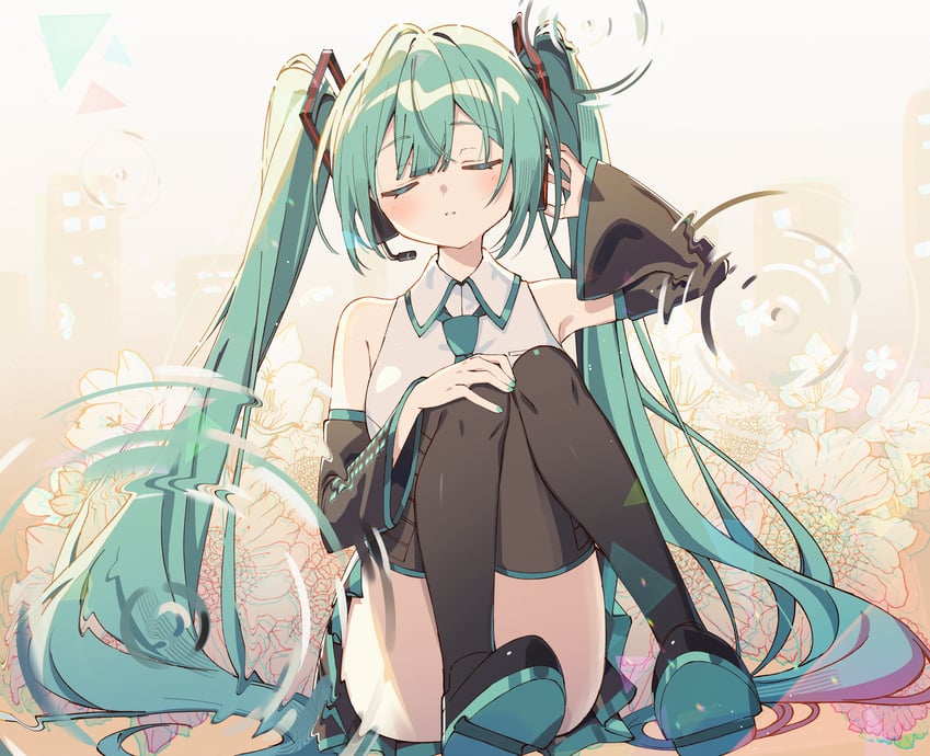 VOCALOID、初音未来 1名女孩 水色发 水蓝色领带 作者名 黑色裙子