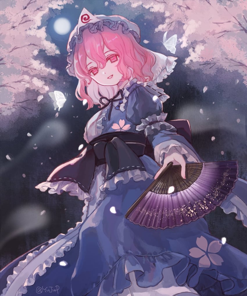 东方Project、西行寺幽幽子 1名女孩 蓝帽子 蓝色和服 蓝饰带 樱花印花