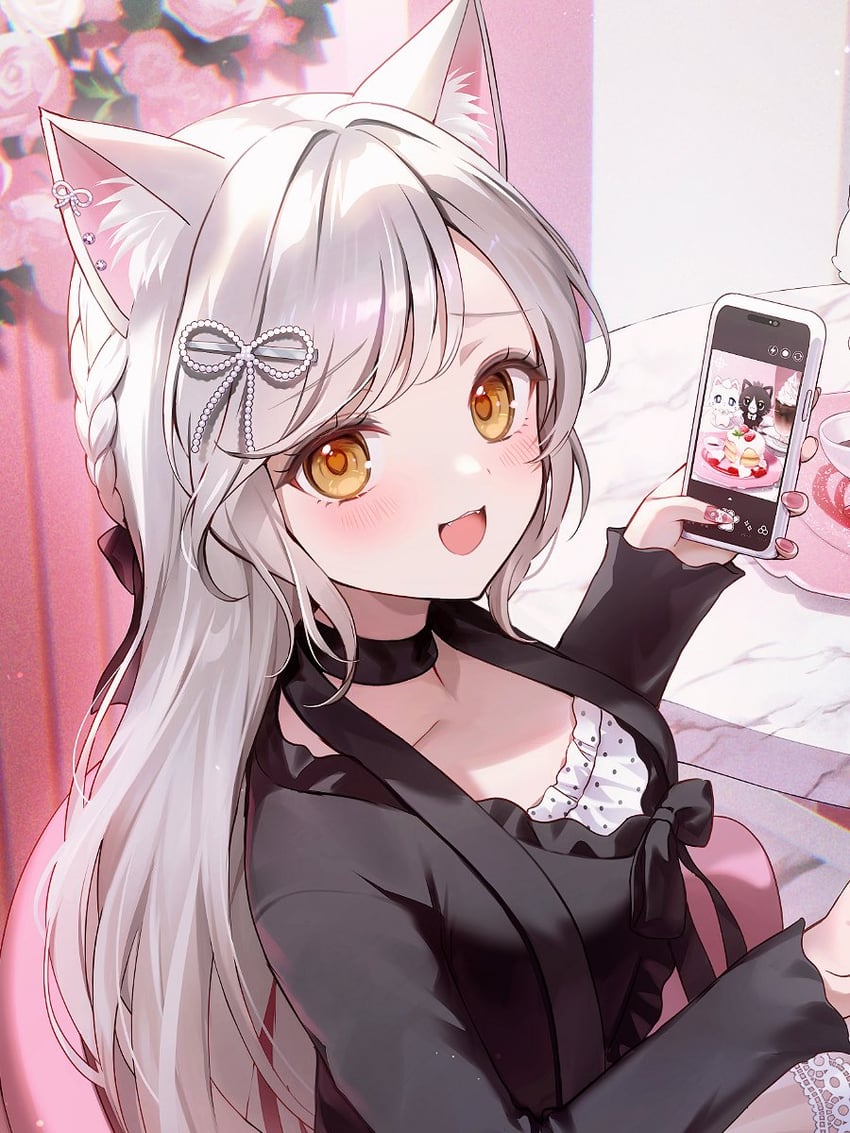 原创 1名女孩 猫脸笑 兽耳毛 兽耳 黑色项圈