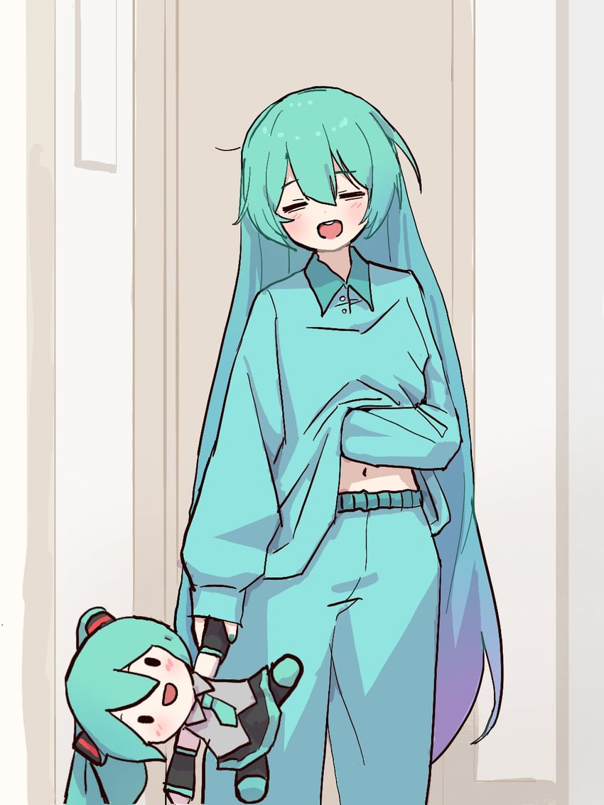 VOCALOID、初音未来 1名女孩 不同发型 水色发 水蓝色指甲 蓝色睡衣