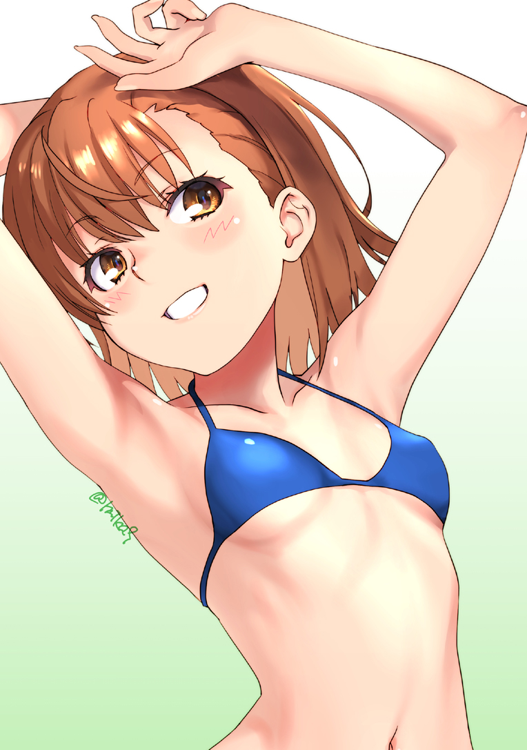 某科学的超电磁炮、魔法禁书目录、御坂美琴 1名女孩 举起双手 不对称刘海 比基尼 蓝色比基尼