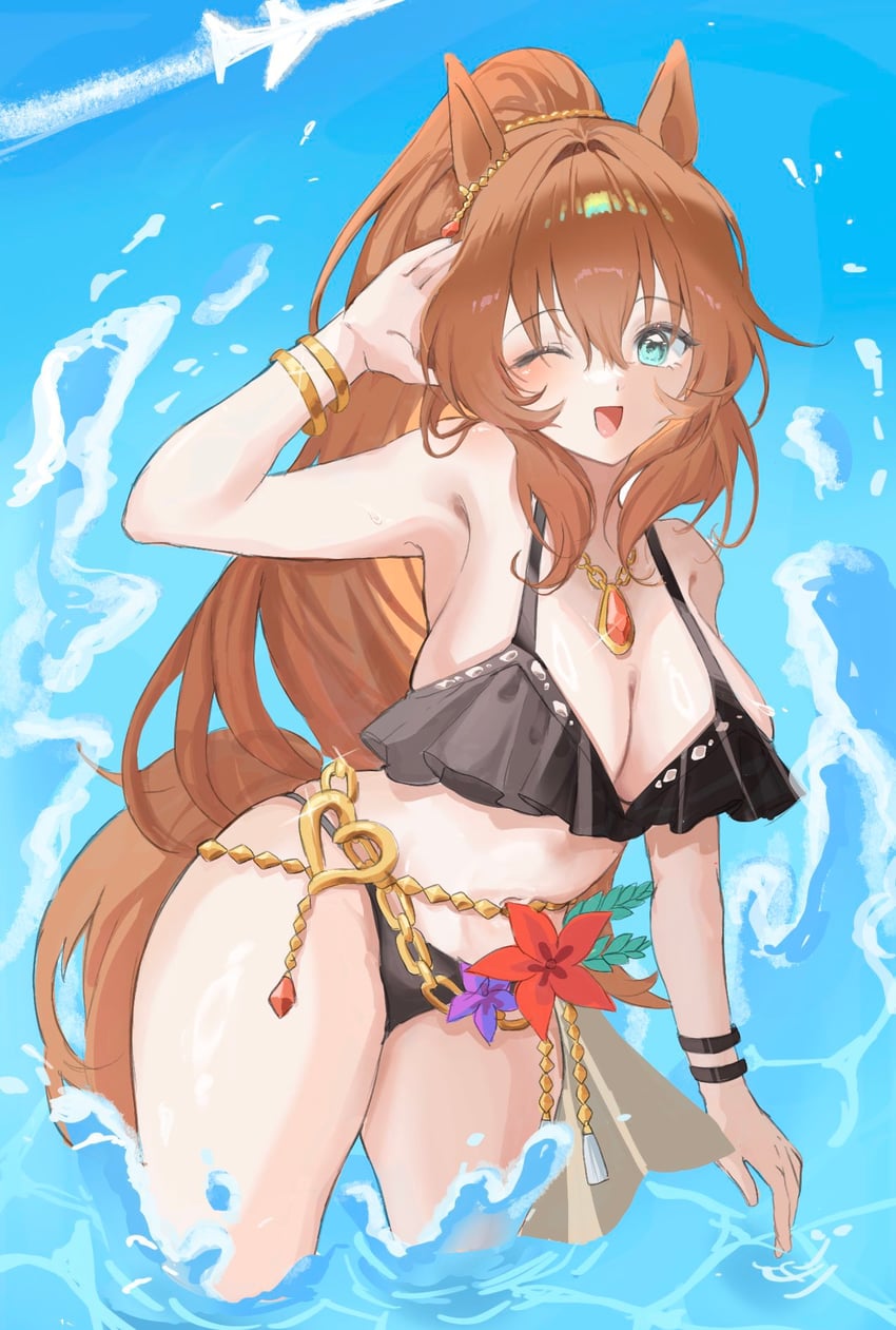 赛马娘、丸善斯基 (炎夏之夜) (赛马娘)、丸善斯基 (赛马娘) 1名女孩 飞行器 飞机 兽耳 露肩