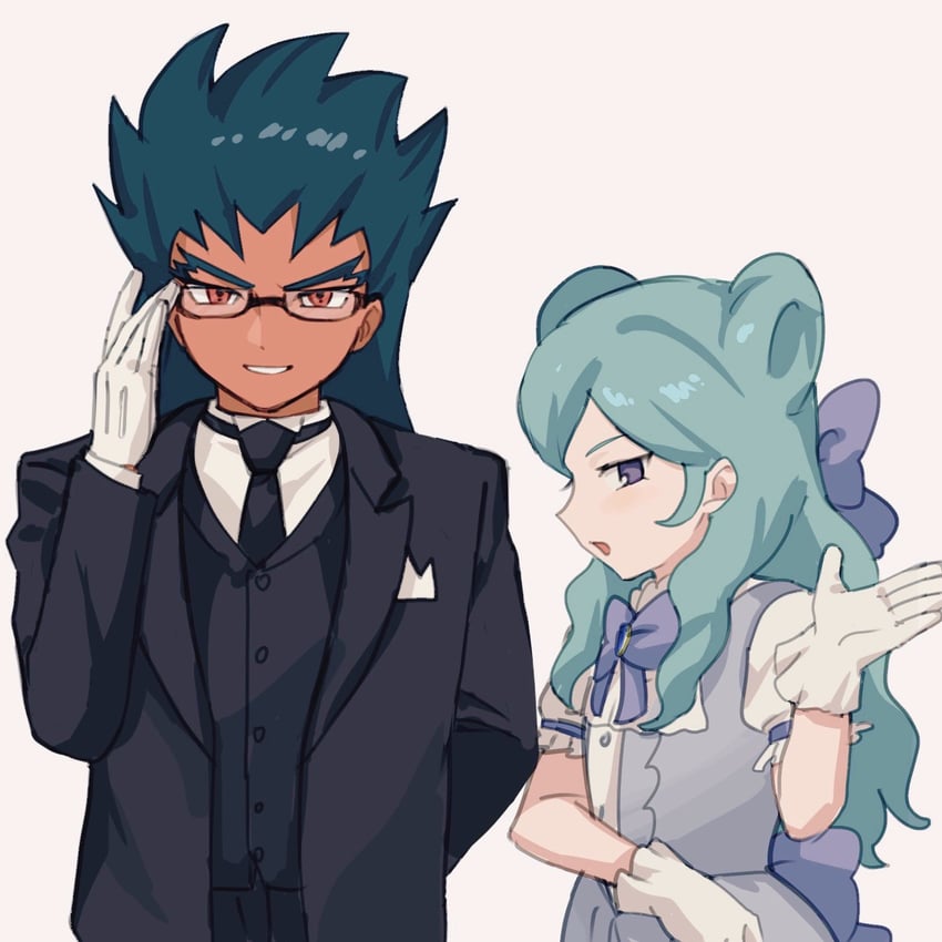 闪电十一人、inazuma eleven cross、闪电十一人GO 1名男孩 1名女孩 水色发 黑色夹克 黑色领带