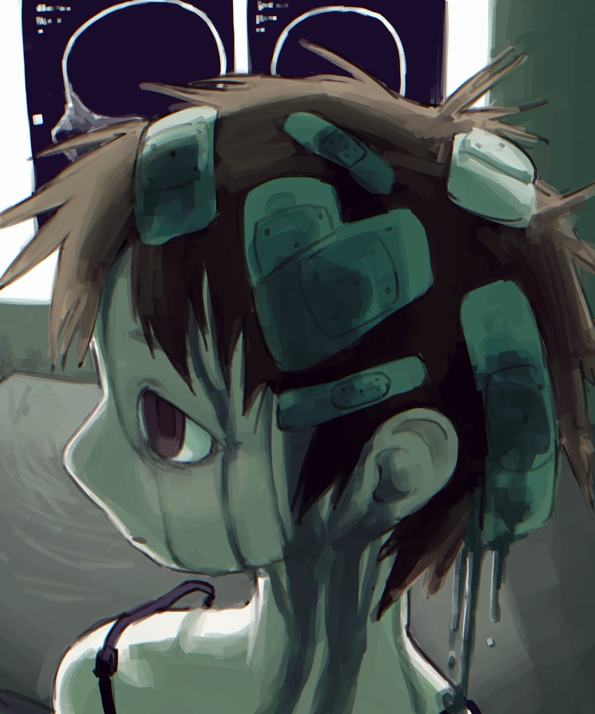 原创 1名女孩 替代体液 眼袋 绷带 棕眼睛