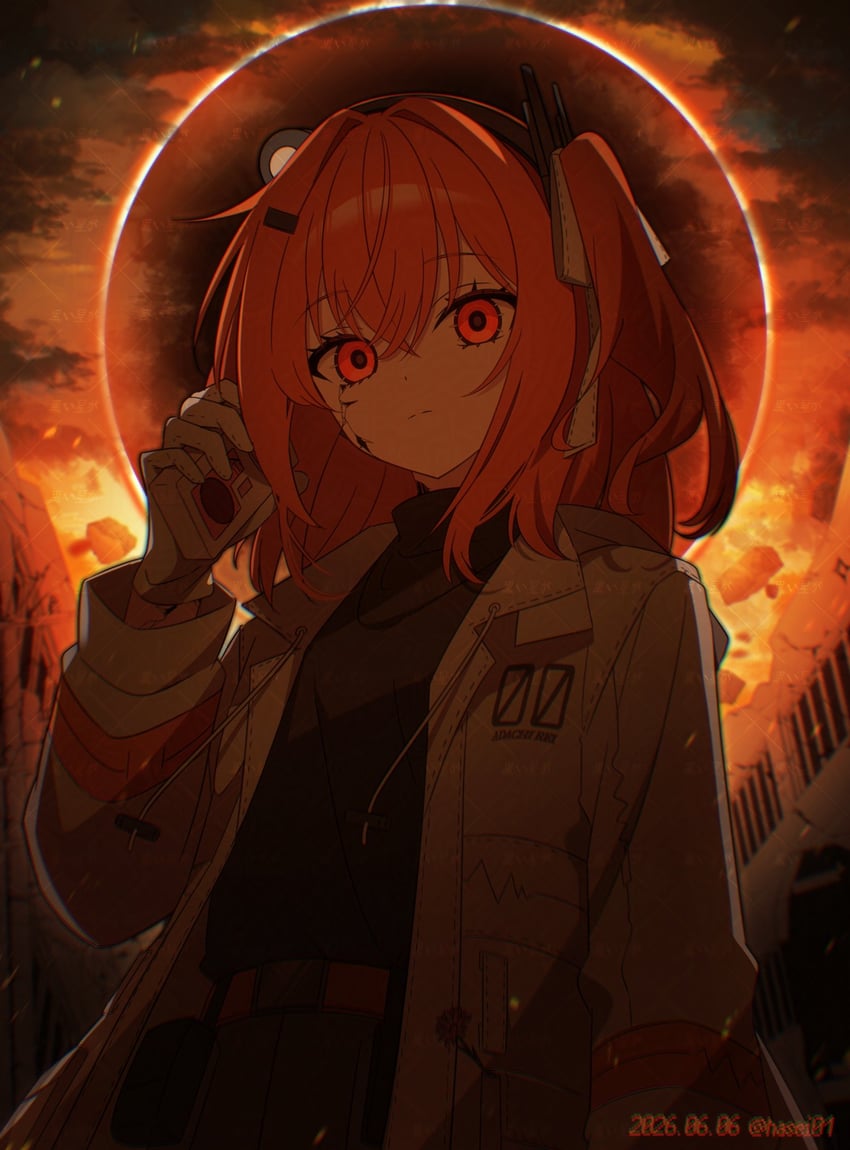 AI语音、热异常、UTAU 1名女孩 天启 手臂放在侧边 黑衬衫 燃烧