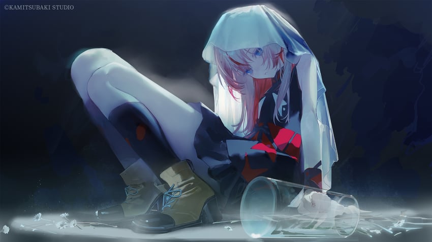 神椿工作室、织姬 (少女革命计划) 1名女孩 黑色连衣裙 黑鞋 黑袜 蓝眼