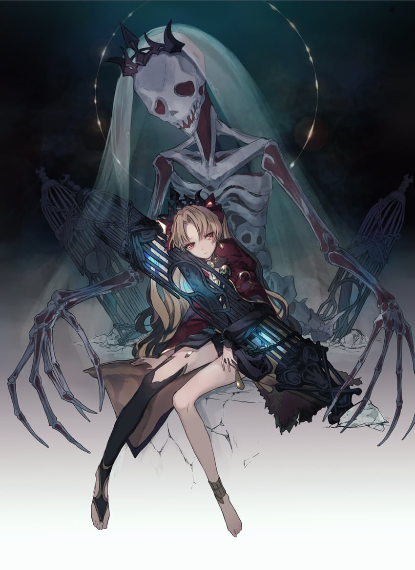 Fate/Grand Order、Fate系列、艾蕾什基伽尔 (Fate) 1名女孩 1个其他角色 黑色连衣裙 黑色过膝袜 金发