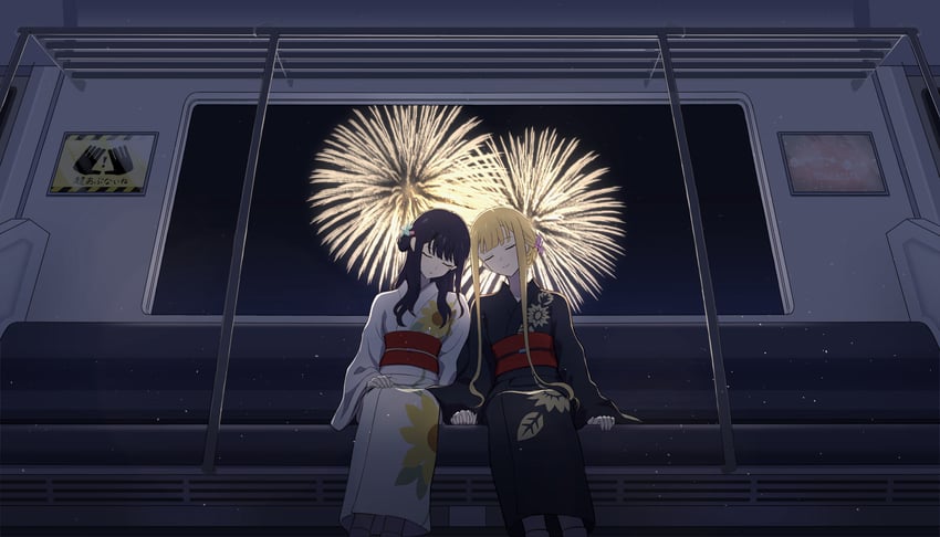 超辉夜姬!、辉夜 (超辉夜姬!)、坂寄伊吕波 2名女孩 烟花 金发 蓝花 闭眼