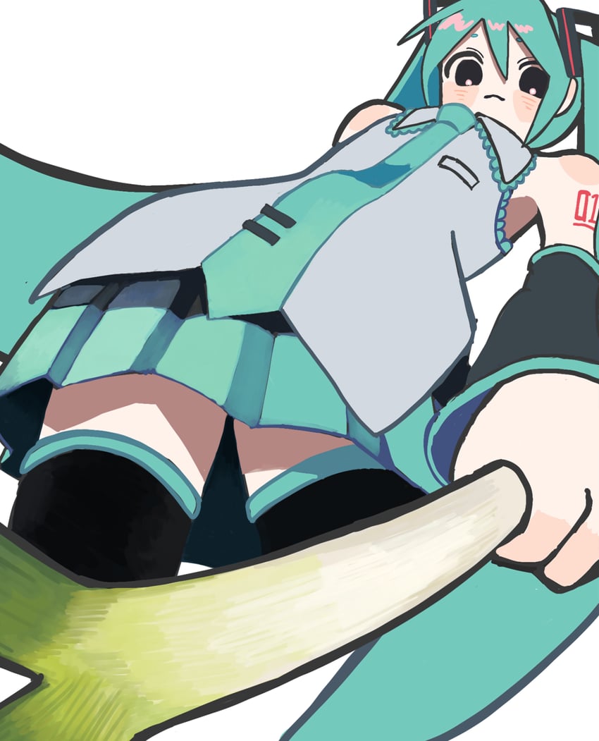VOCALOID、初音未来 1名女孩 水色发 水蓝色领带 露肩 黑色靴子