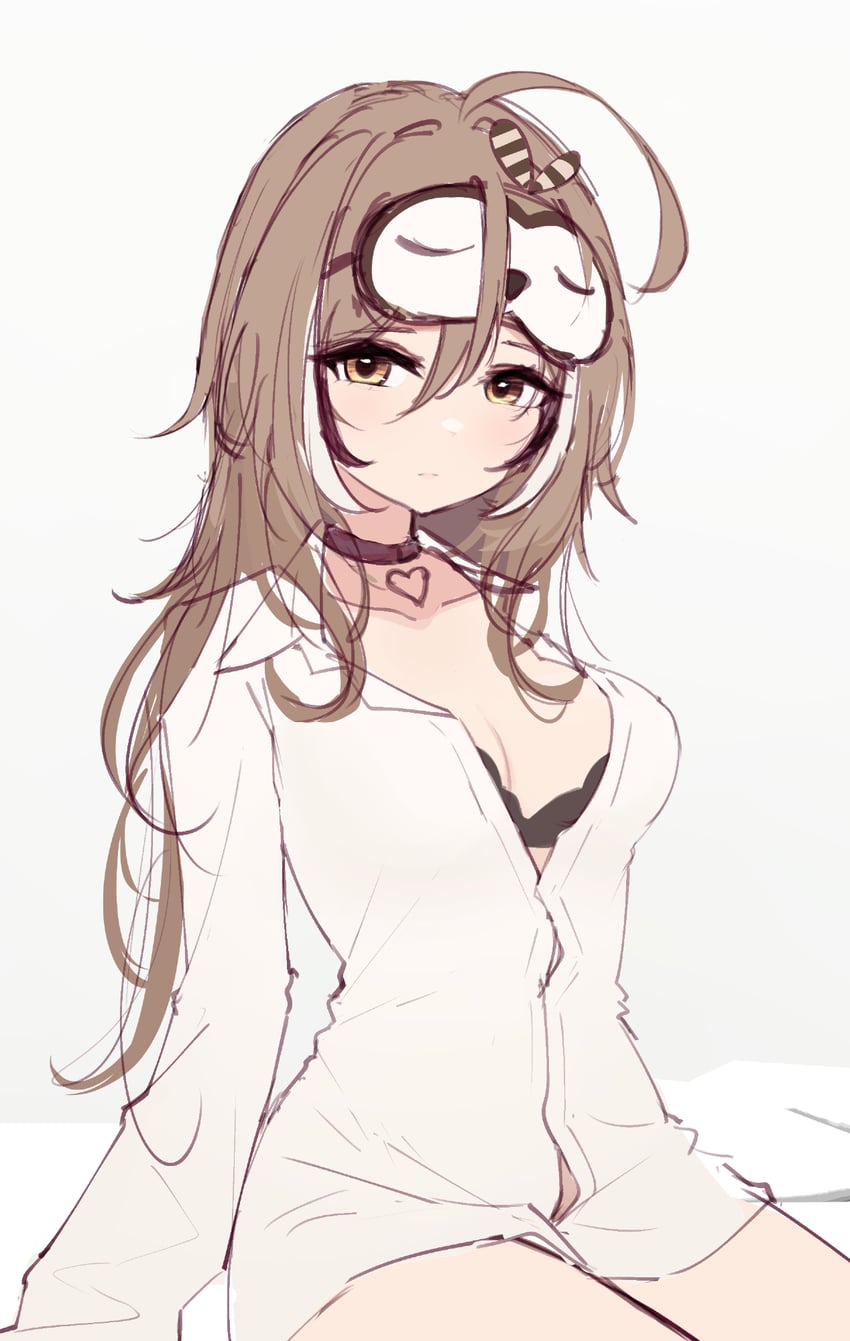 Hololive、Hololive英语、七诗无名 1名女孩 呆毛 手放在身体两侧 黑色文胸 借来的衣服