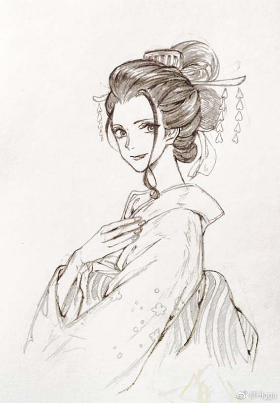 海贼王、妮可·罗宾 1名女孩 灰度 发髻 发饰 日式服装