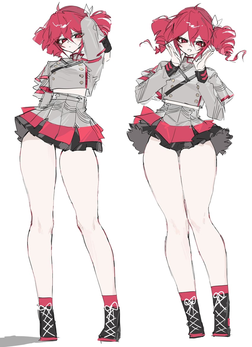 Synthesizer V、UTAU、重音Teto 1名女孩 呆毛 手放在背后 举手 黑色靴子