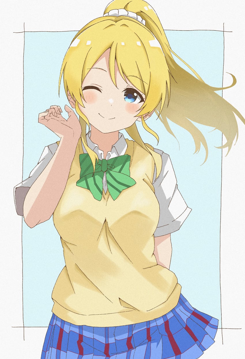 Love Live!、Love Live! 学园偶像祭、绚濑绘里 1名女孩 手放在背后 金发 蓝眼 蓝裙子