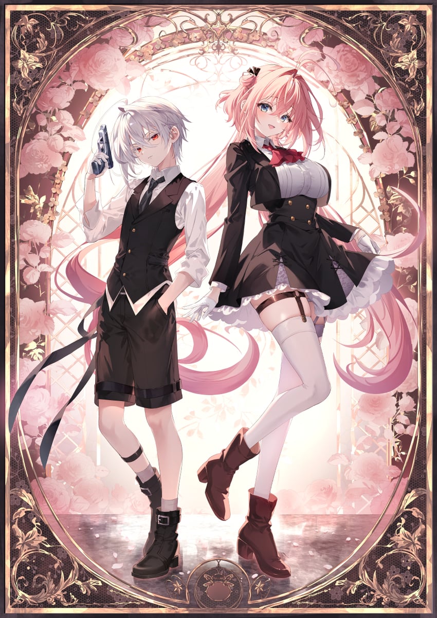 原创 1名男孩 1名女孩 呆毛 水色瞳 黑色夹克