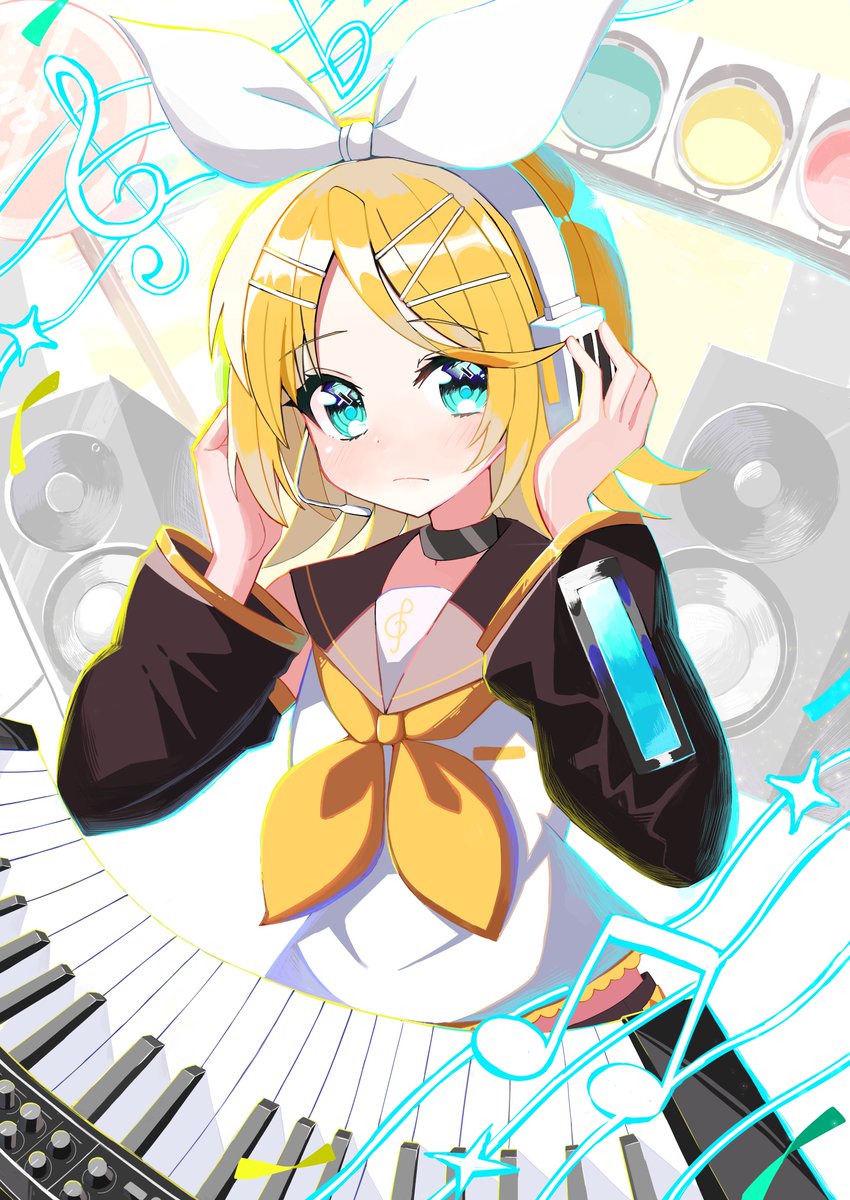 VOCALOID、镜音铃 1名女孩 连杠十六分音符 黑色项圈 黑色水手领 黑色袖子