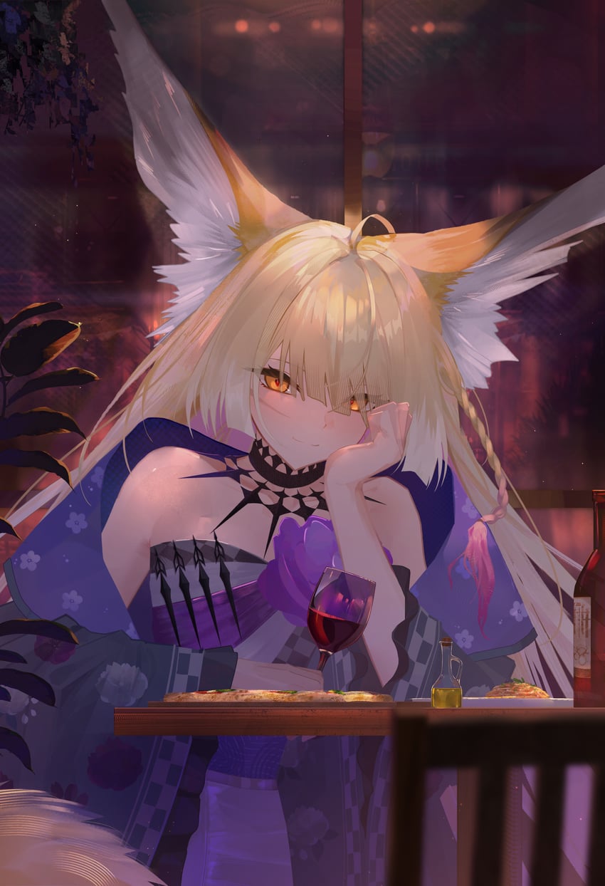 明日方舟、铃兰 (档案名)、铃兰 (焦点之外) (明日方舟) 1名女孩 呆毛 酒 兽耳毛 兽耳