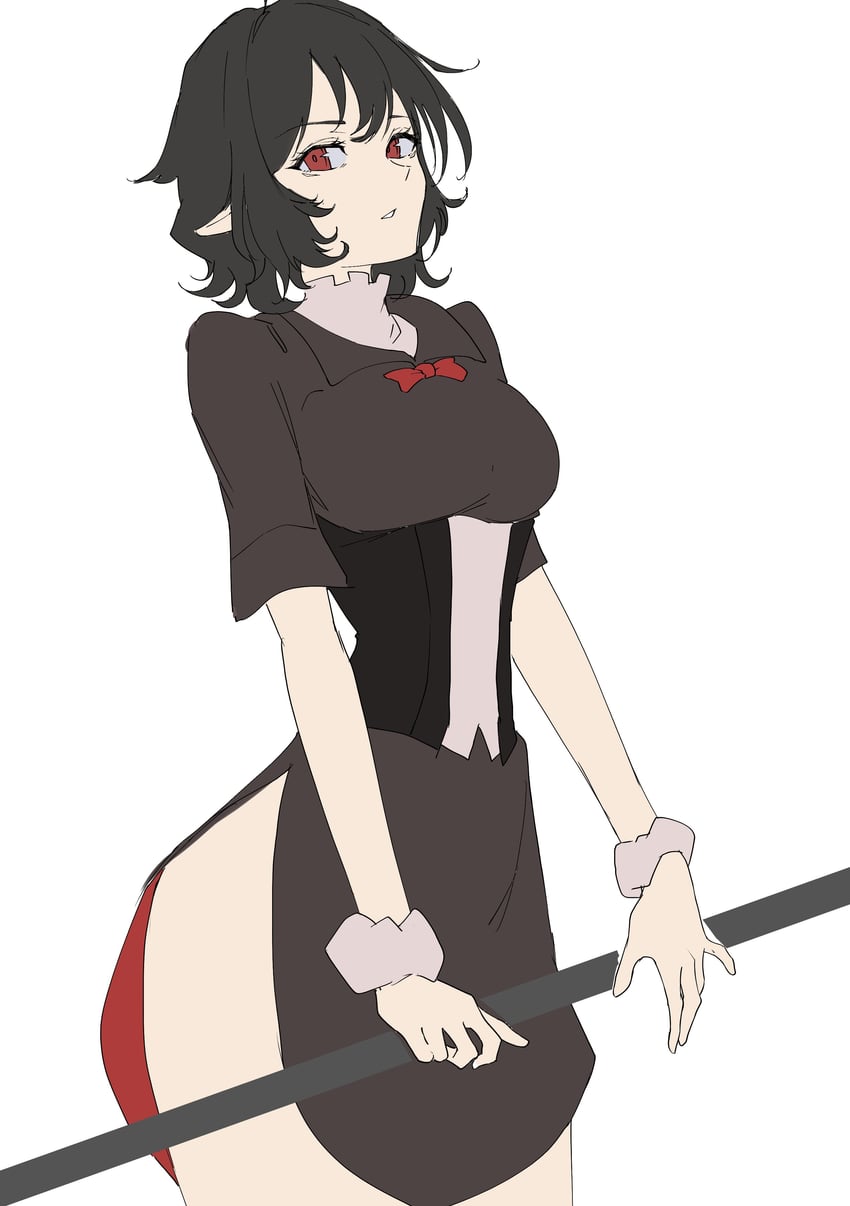 东方Project、封兽鵺 1名女孩 黑发 乳房 手持 持长柄武器