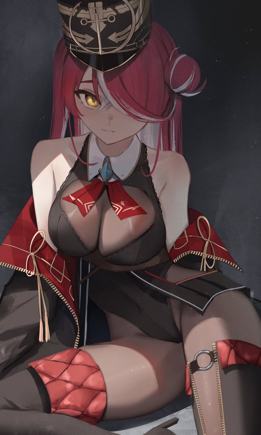 Hololive、宝钟玛琳、宝钟玛琳 (管乐队) 1名女孩 黑色靴子 黑色夹克 黑色紧身连体衣 全身袜