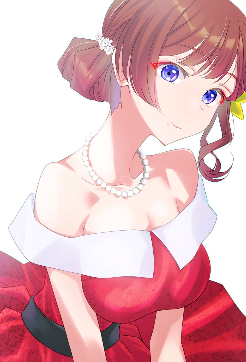 二次元插画 1名女孩 露肩 蓝眼 乳房 连衣裙