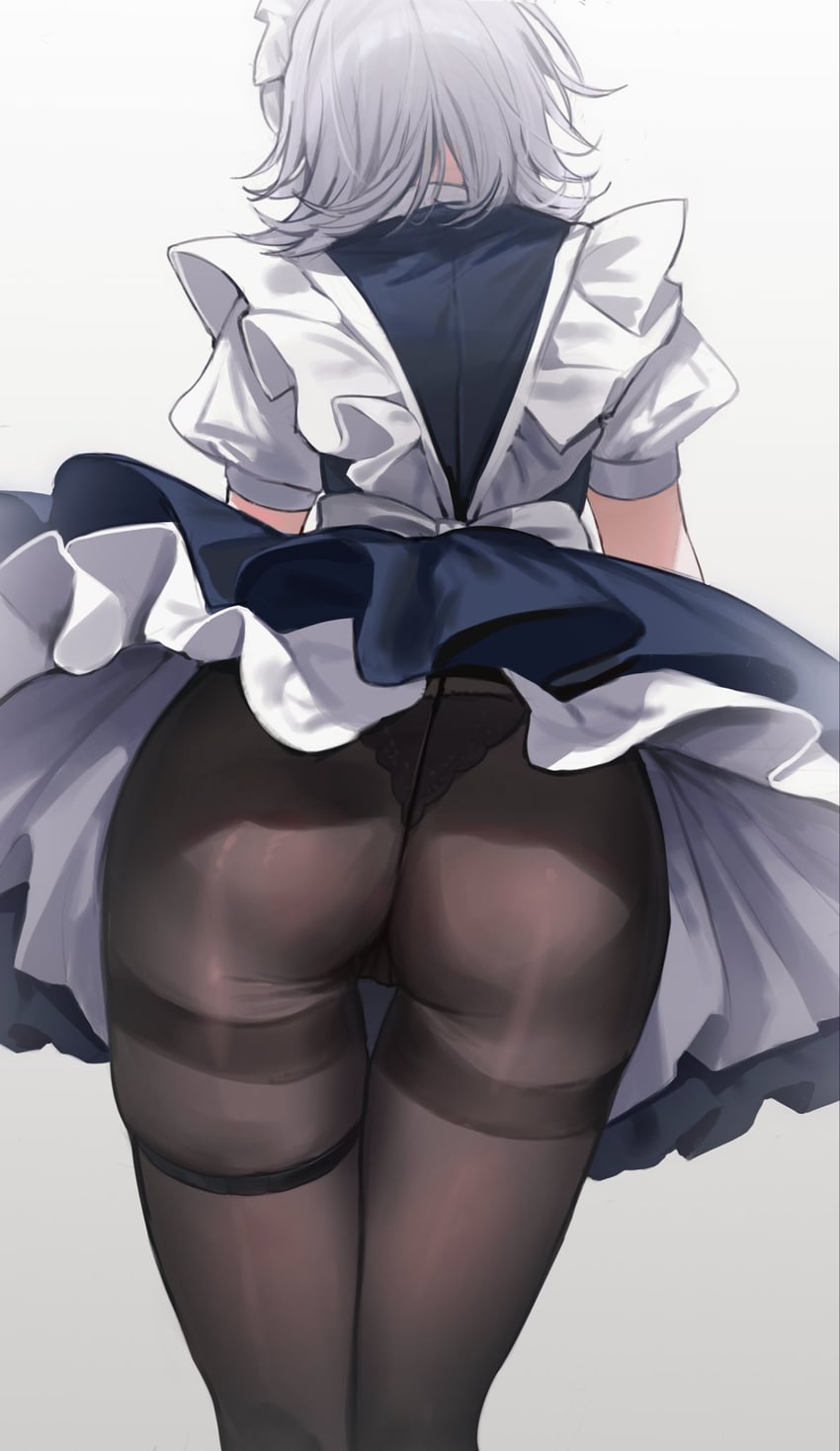 东方Project、十六夜咲夜 1名女孩 屁股 蓝色连衣裙 棕色连裤袜 连衣裙