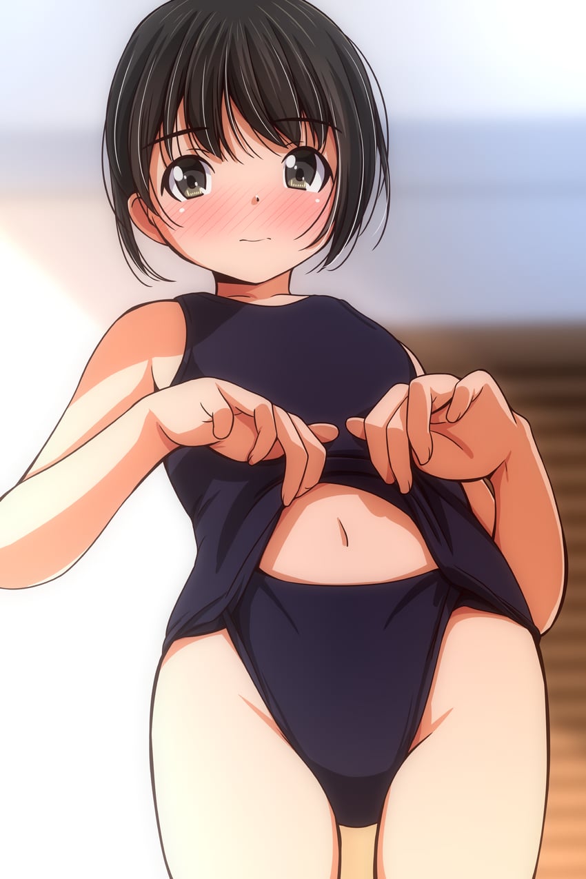 原创 1名女孩 裸臂 露肩 黑发 黑色连体泳衣