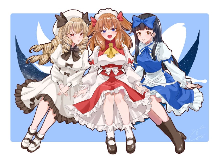 东方Project、露娜切露德、斯塔·萨菲雅 3人女子 金发 蓝色连衣裙 靴子 棕色靴子