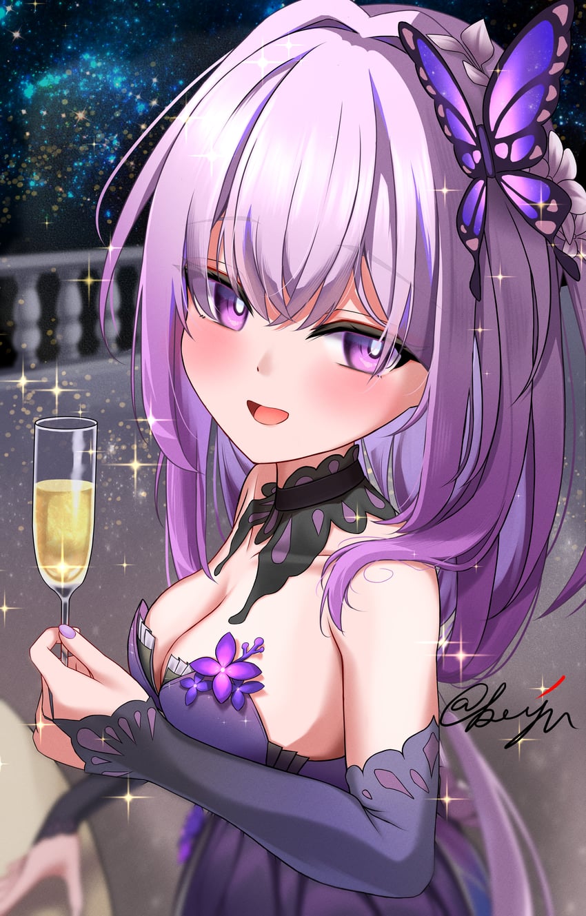 崩坏：星穹铁道、崩坏系列、咔嚓 (薄翼闪烁) (崩坏：星穹铁道) 1名女孩 脸红 乳房 蝴蝶发饰 香槟杯