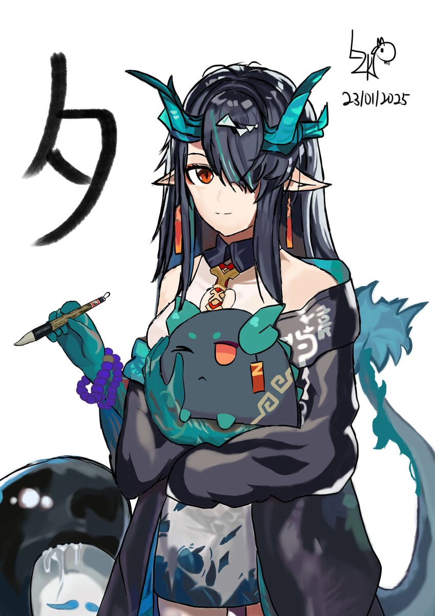 明日方舟、小咬 (明日方舟)、夕 (明日方舟) 1名女孩 露肩 珠子 黑色大衣 黑发