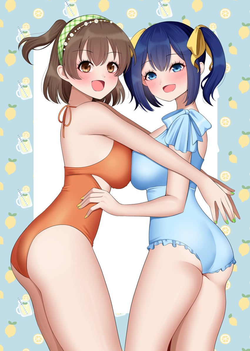 舰队Collection、飞龙 (舰娘)、苍龙 (舰队收藏) 2名女孩 替换服装 屁股 蓝色背景 蓝眼