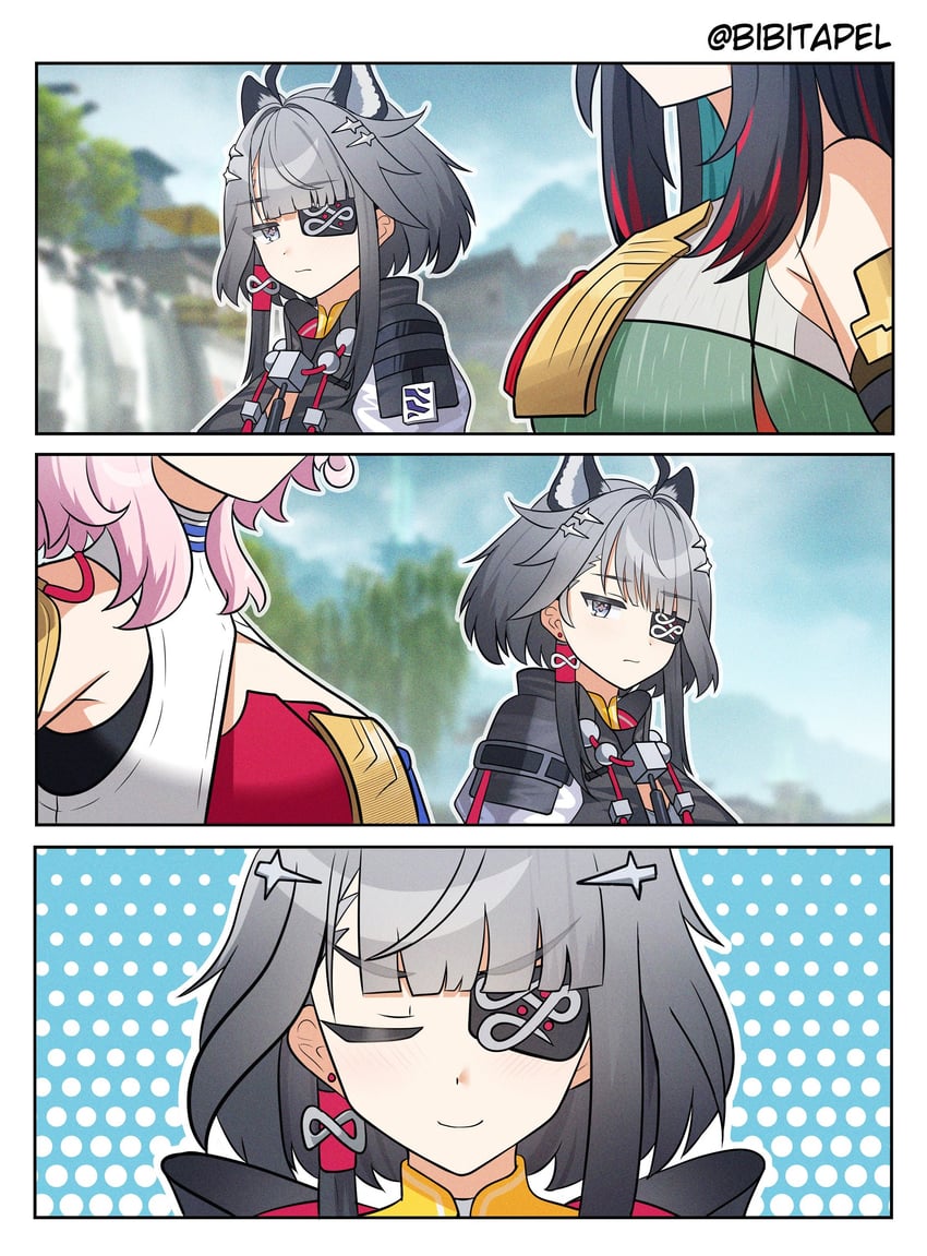 明日方舟、明日方舟：终末地、弥伏 (明日方舟) 3人女子 三格漫画 兽耳 黑发 乳房
