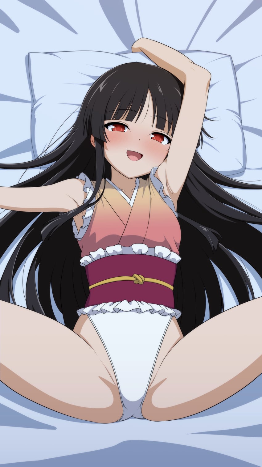 东方Project、蓬莱山辉夜 1名女孩 黑发 脸红 眉毛被头发遮住 贫乳