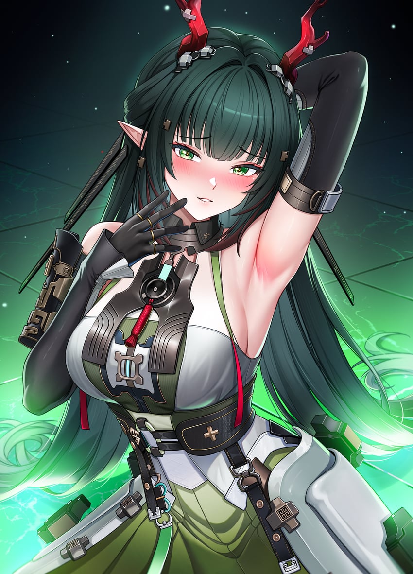 明日方舟、明日方舟：终末地、庄芳怡 (明日方舟) 1名女孩 手放在头后 举手 腋下 露肩