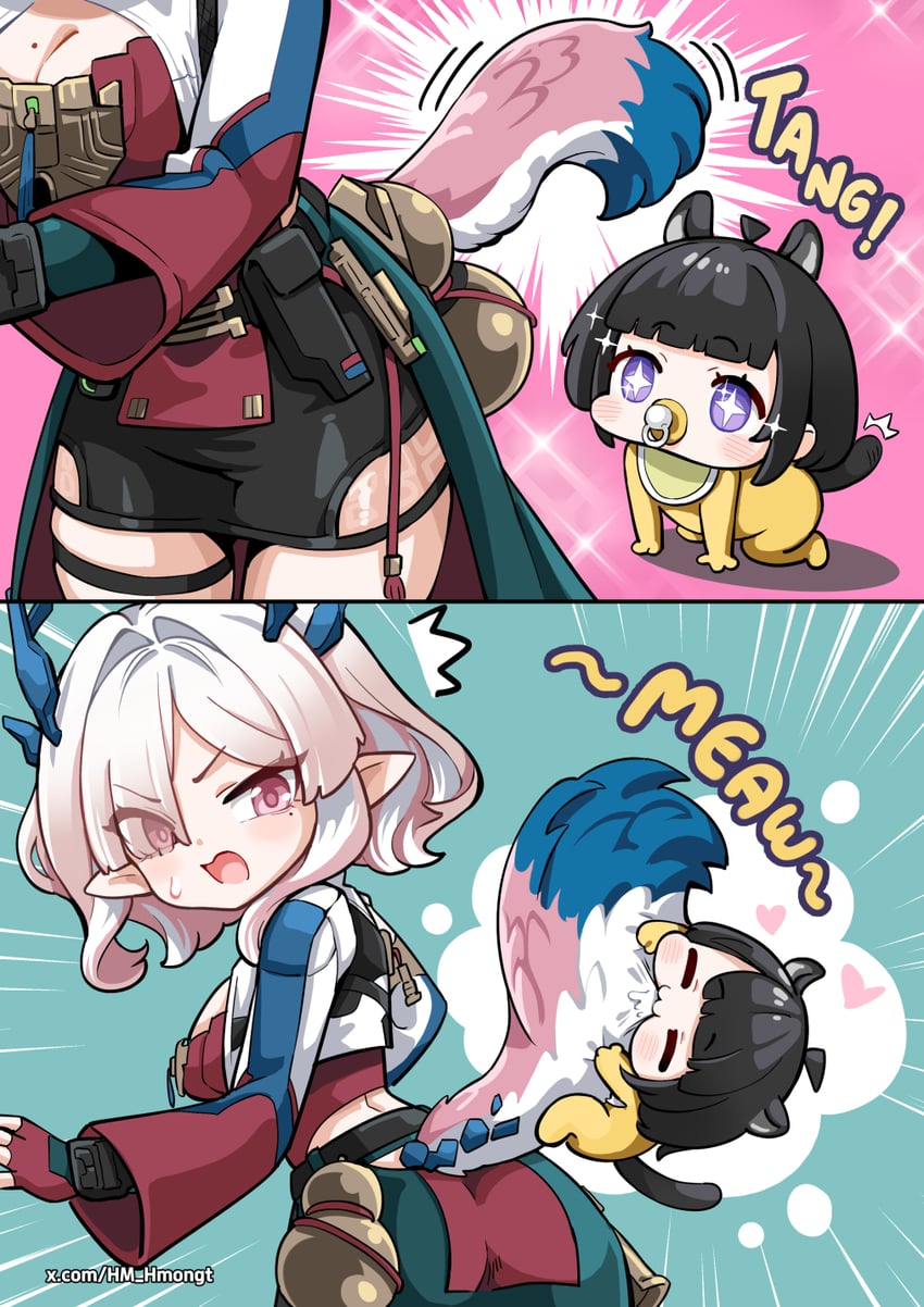 明日方舟、明日方舟：终末地、弥伏 (明日方舟) 2名女孩 幼化 呆毛 兽耳 婴儿