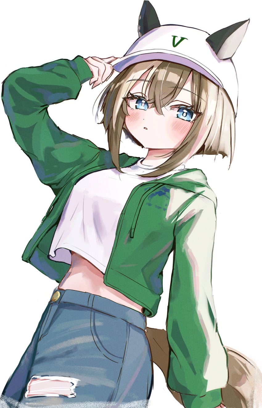 赛马娘、ZOZOTOWN、骏天宫 (赛马娘) 1名女孩 兽耳 举手 蓝眼 脸红