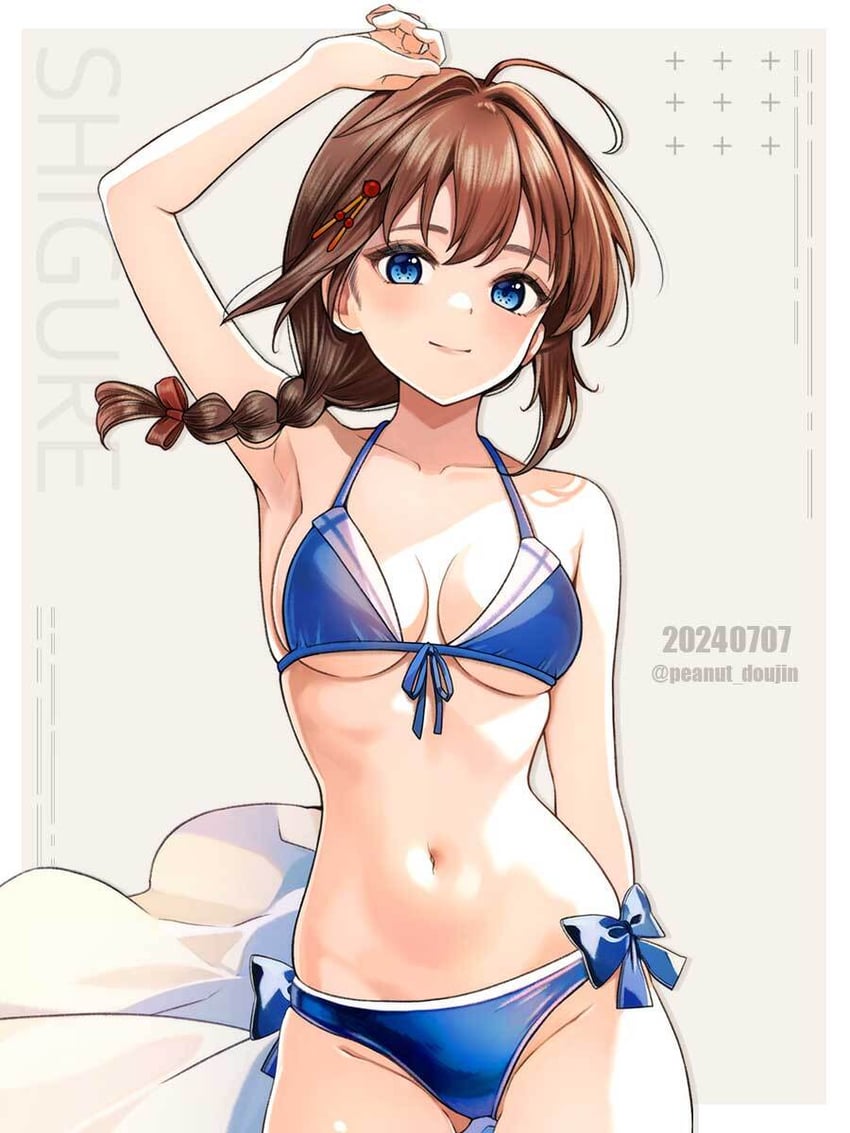 舰队Collection、时雨、时雨改三 (舰队收藏) 1名女孩 比基尼 蓝色比基尼 蓝眼 辫子
