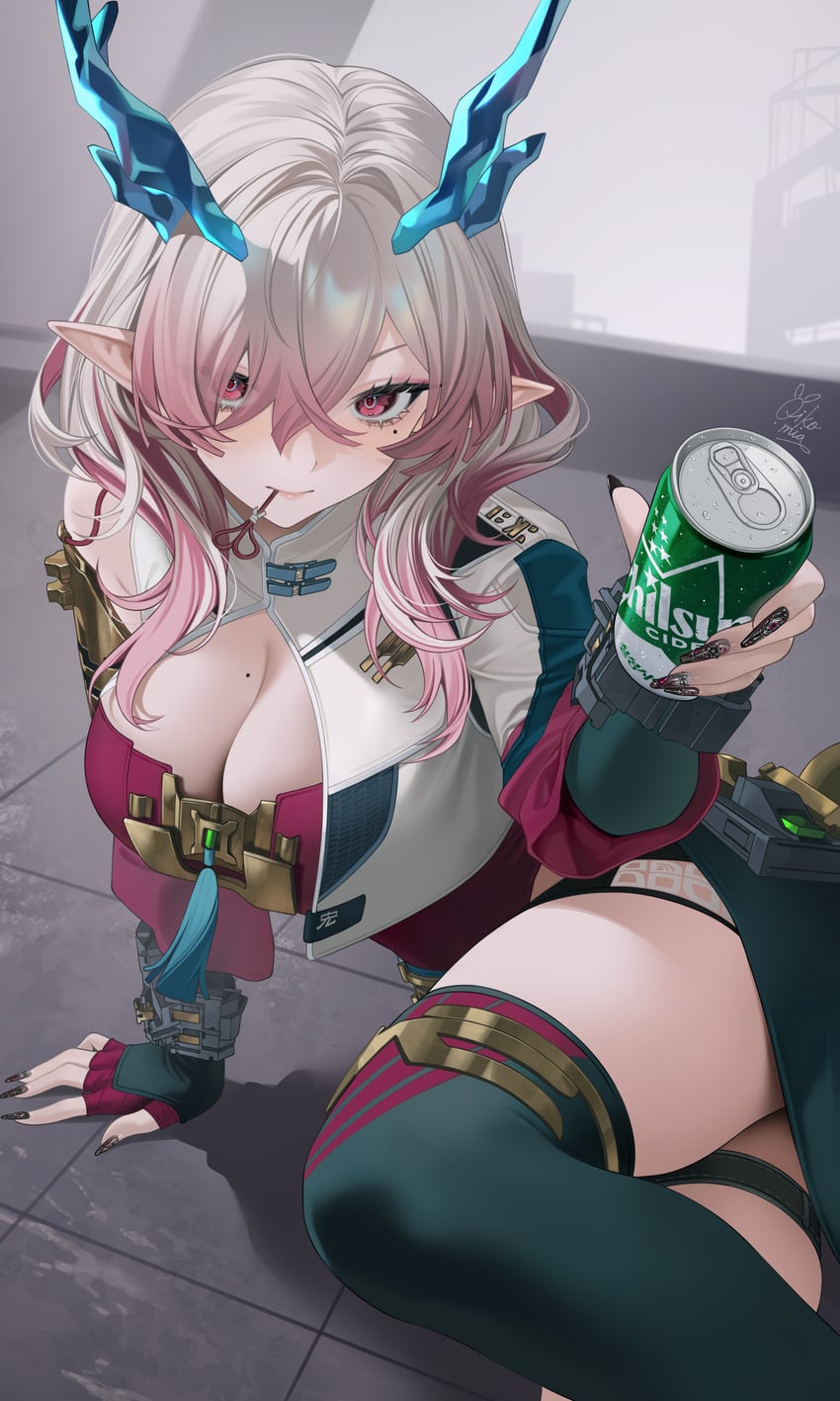 明日方舟、明日方舟：终末地、弥伏 (明日方舟) 1名女孩 蓝角 乳房 乳沟 龙娘