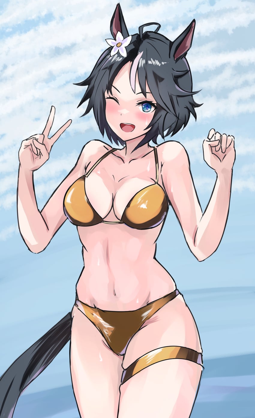 赛马娘、富士奇迹 (赛马娘) 1名女孩 呆毛 兽耳 比基尼 黑发