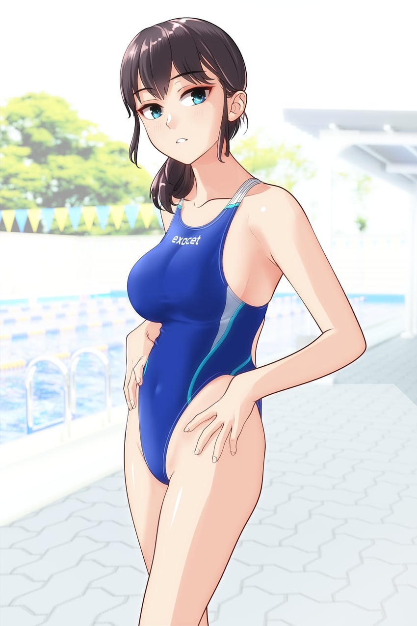 原创 1名女孩 黑发 蓝色连体泳衣 竞速泳衣 遮盖肚脐