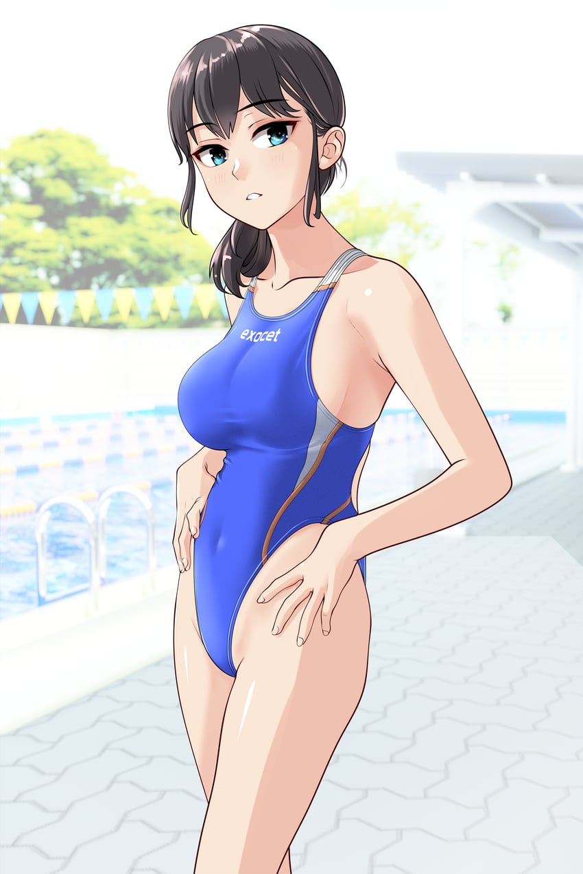 原创 1名女孩 黑发 蓝色连体泳衣 竞速泳衣 遮盖肚脐