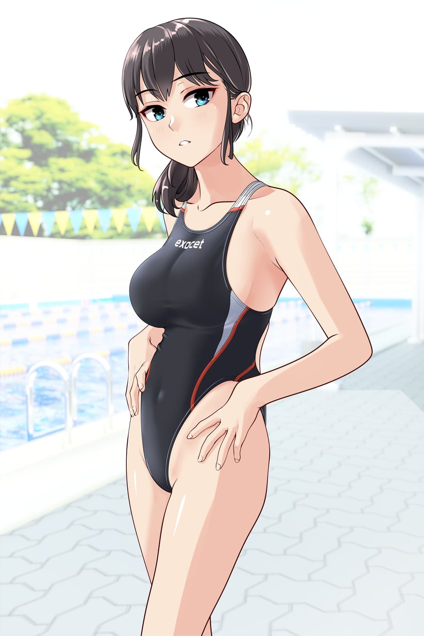 原创 1名女孩 黑发 黑色连体泳衣 竞速泳衣 遮盖肚脐