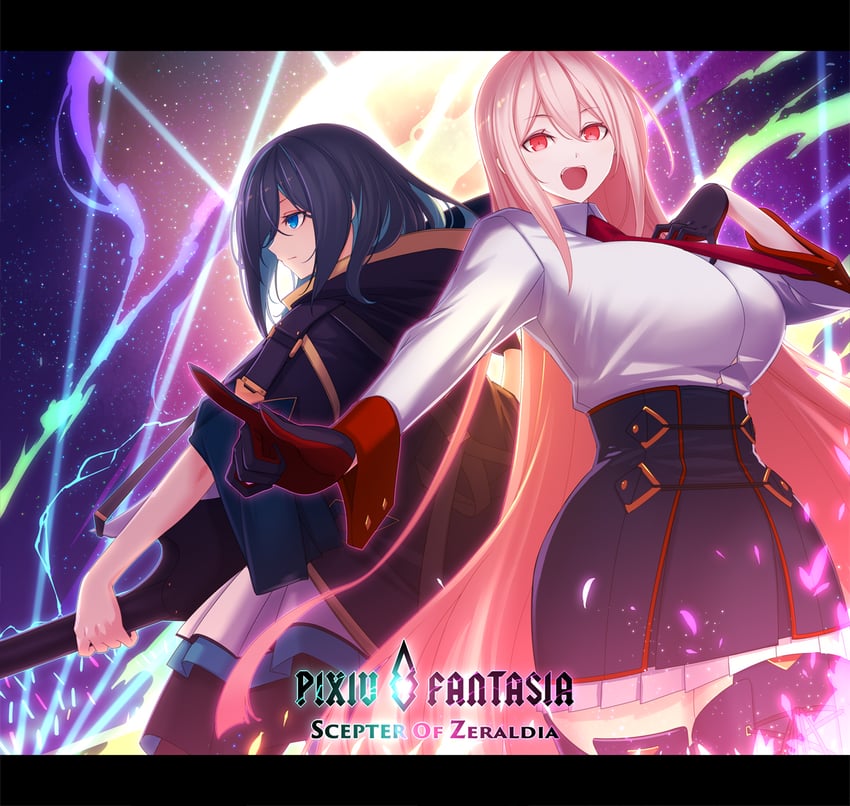 Pixiv Fantasia、Pixiv Fantasia: 泽拉尔迪亚之杖、rose grace 2名女孩 黑色手套 黑发 蓝眼 乳房