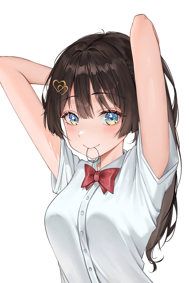 Stellive、白雪雏 1名女孩 举起双手 黑发 蓝眼 蝴蝶结