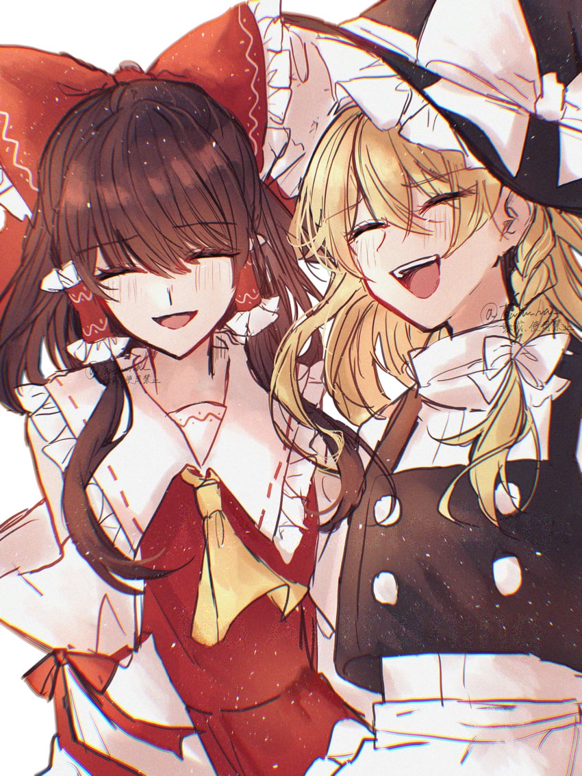 东方Project、博丽灵梦、雾雨魔理沙 2名女孩 围裙 作者名 阿斯科特领巾 露肩