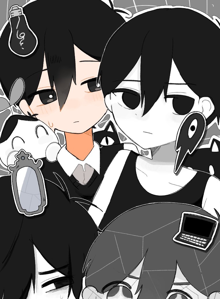 OMORI、Mewo、奥莫利 4个男孩 黑瞳 黑发 黑色毛衣背心 亮瞳