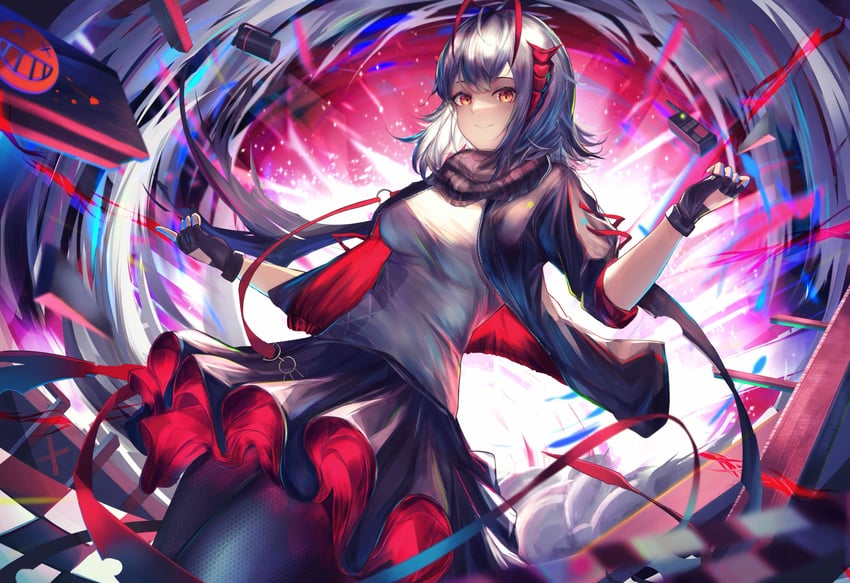 明日方舟、W (明日方舟) 1名女孩 呆毛 呆毛 黑色手套 黑色夹克